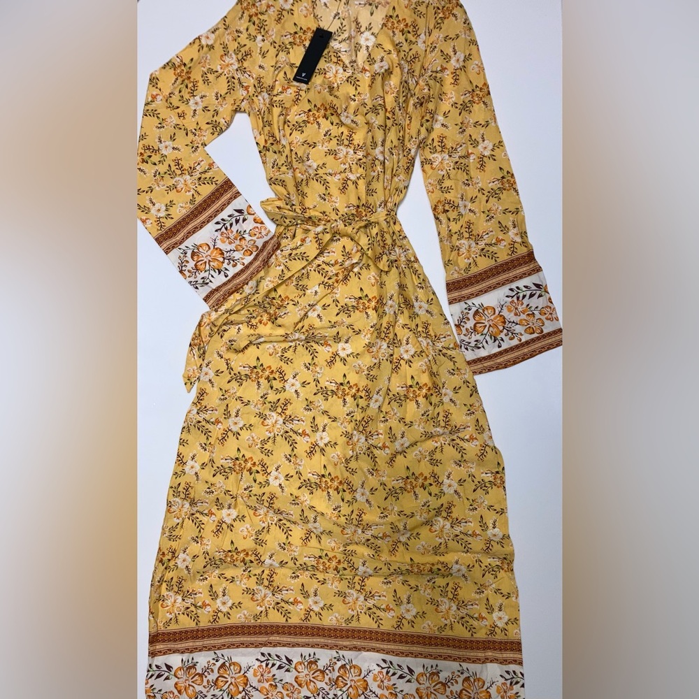 Lulus Fond Memories Yellow Long Sleeve Floral Maxi Dress Size Small